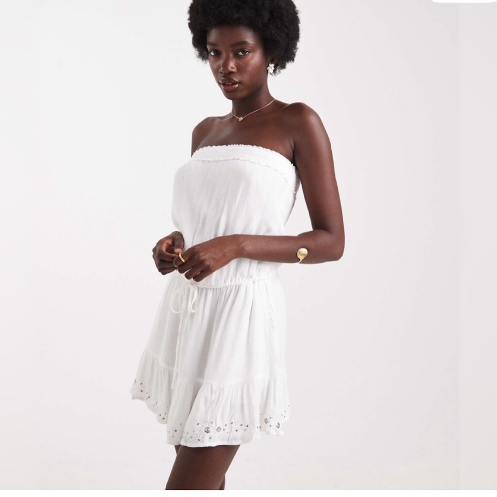 Hollister White Strapless Drawstring Mini Dress with Eyelet Trim - Picture 1 of 4